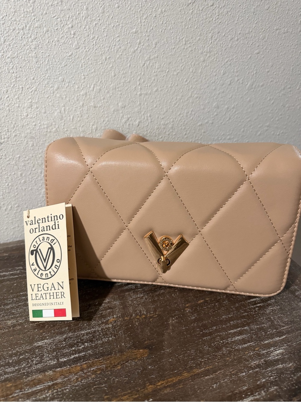 Valentino Orlandi Nude Quilted Vegan Leather Shoulder Bag with Gold Hardware NWT
